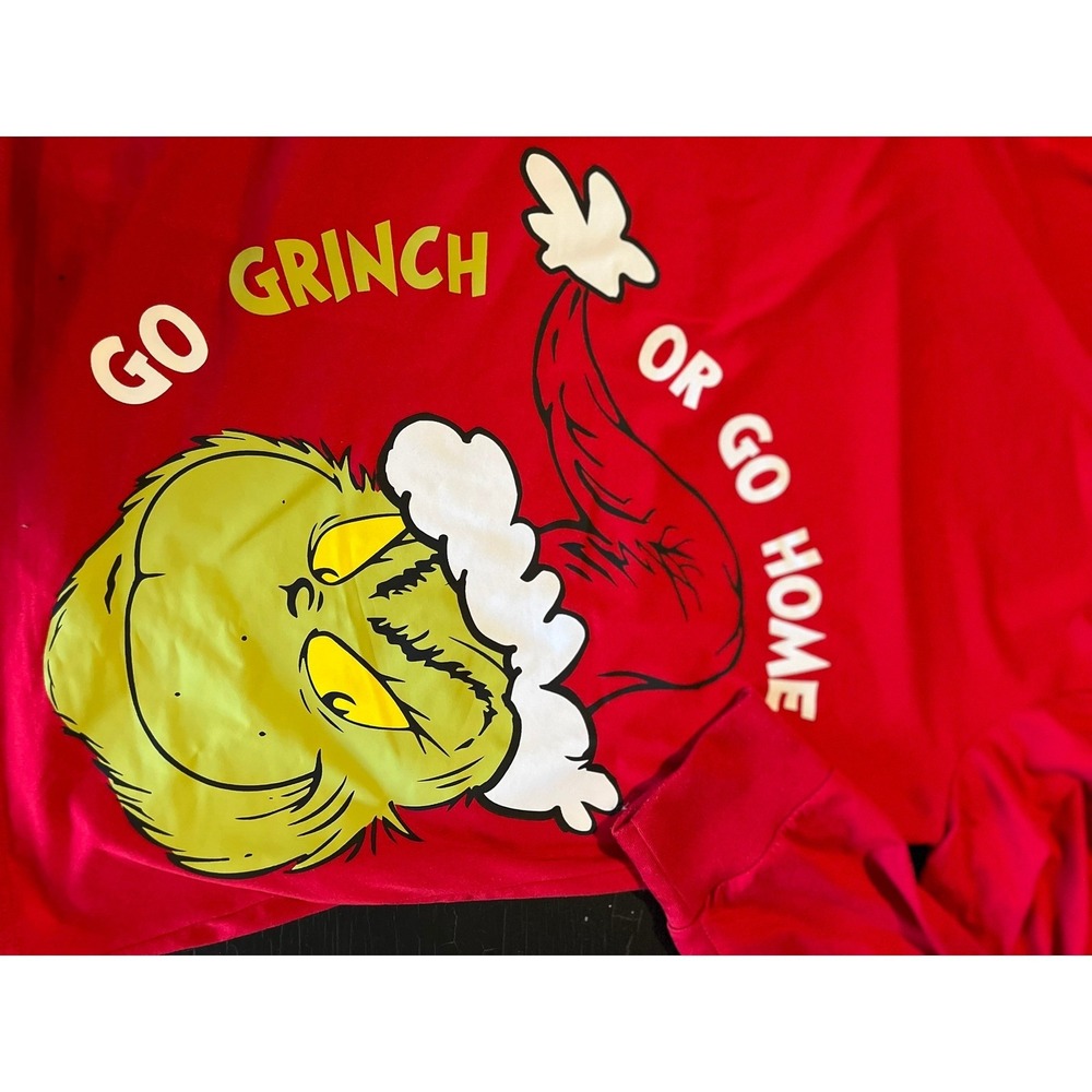 Grinch Go Grinch or Go Home Graphic Holiday Long Sleeve Red Top - Picture 2 of 4
